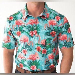 Like new! Yatta Golf NWT Pau Hana Mens Polo Golf Shirt Flamingo Print SS